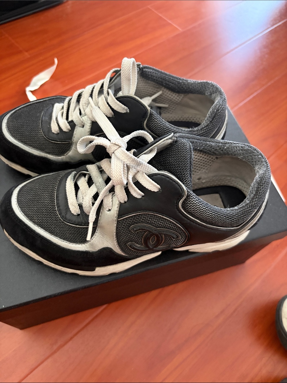 CHANEL Black & White Kids Logo Lace-Up Sneakers